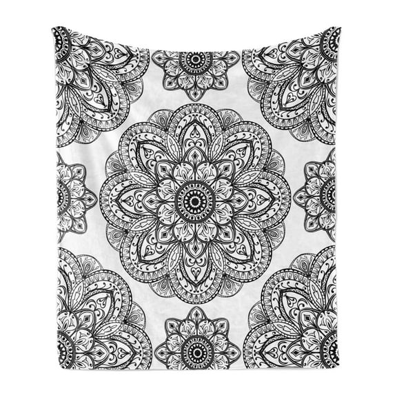 Mandala Soft Flannel Fleece Throw Blanket, Ornate Pattern of Mandala with Symmetrical Shapes and Tiles Persian Image, Cozy Plush for Indoor and Outdoor Use, 50" x 70", Black, by Ambesonne