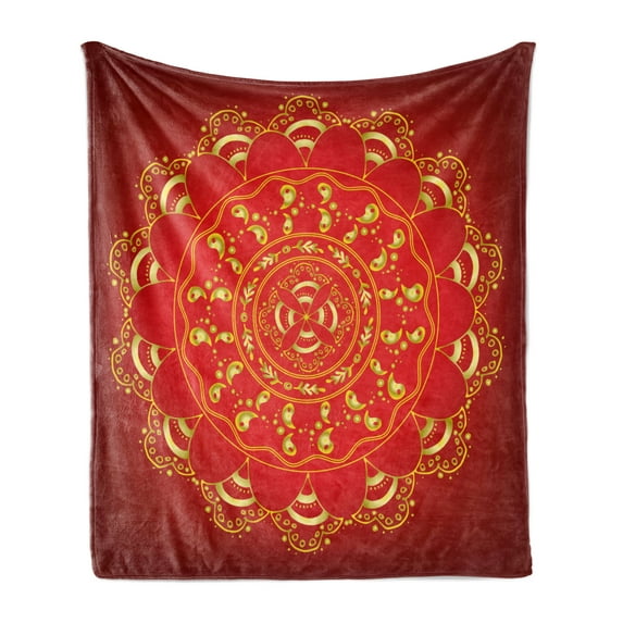 Mandala Soft Flannel Fleece Throw Blanket, Ottoman Art Ornament Hand Drawn Oriental Floral Themed Illustration, Cozy Plush for Indoor and Outdoor Use, 50" x 60", Yellow Red, by Ambesonne