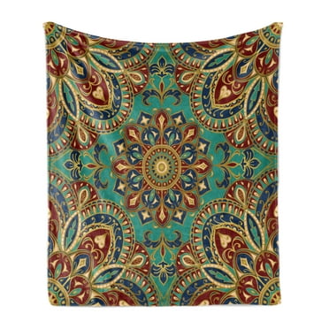 Mandala Soft Flannel Fleece Throw Blanket, Pattern Style Eastern Medieval Motifs Oriental Ethnic, Cozy Plush for Indoor and Outdoor Use, 50" x 60", Teal Indigo Ruby, by Ambesonne
