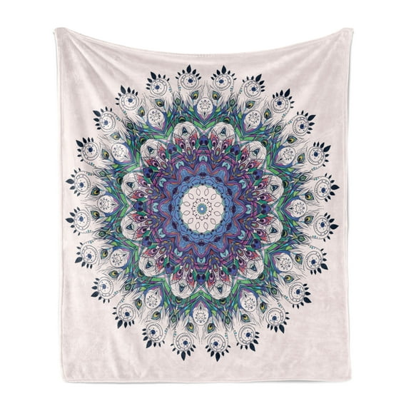 Mandala Soft Flannel Fleece Throw Blanket, Rich Colorful and Round with Peacock Feathers and Swirling Leafy Lines, Cozy Plush for Indoor and Outdoor Use, 50" x 60", Multicolor, by Ambesonne