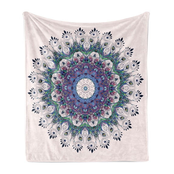 Mandala Soft Flannel Fleece Throw Blanket, Rich Colorful and Round with Peacock Feathers and Swirling Leafy Lines, Cozy Plush for Indoor and Outdoor Use, 50" x 70", Multicolor, by Ambesonne