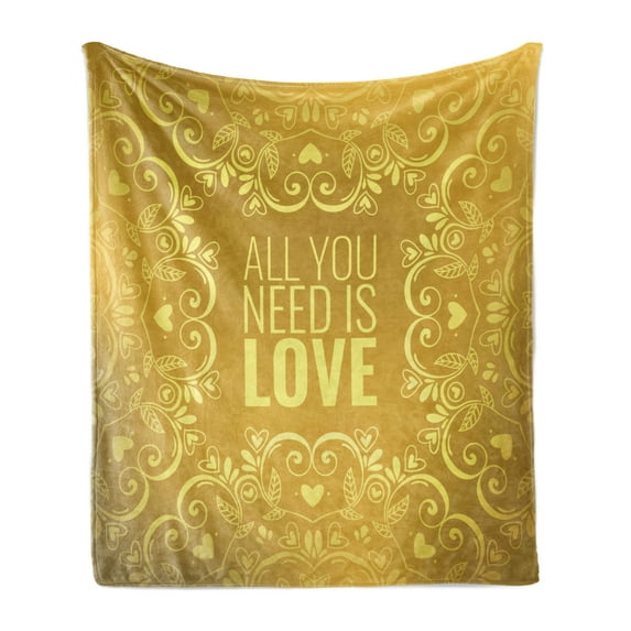 Mandala Soft Flannel Fleece Throw Blanket, Romantic Floral Round Hearts Words in Love Valentines Day Doodle Style Art, Cozy Plush for Indoor and Outdoor Use, 60" x 80", Yellow, by Ambesonne