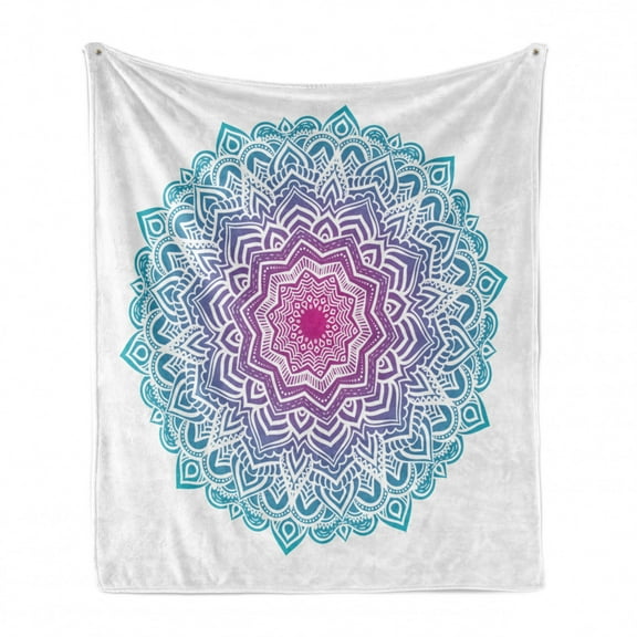Mandala Soft Flannel Fleece Throw Blanket, Round Floral Starry Pattern with Soft Aqua Color Theme, Cozy Plush for Indoor and Outdoor Use, 50" x 70", White Pink and Blue, by Ambesonne