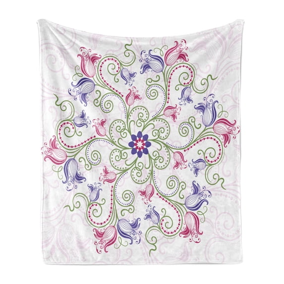 Mandala Soft Flannel Fleece Throw Blanket, Round Flower Frame Design Classical Vintage Floral Art Ottoman Tulips, Cozy Plush for Indoor and Outdoor Use, 50" x 70", Purple Green White, by Ambesonne