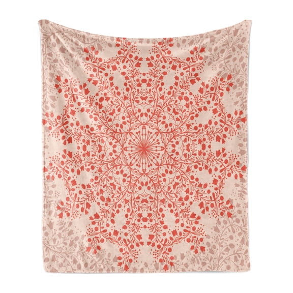 Mandala Soft Flannel Fleece Throw Blanket, Rural Meadow Wild Flowers Twigs and Blooms Round Bouquet Corsage Pattern, Cozy Plush for Indoor and Outdoor Use, 70" x 90", Peach Salmon, by Ambesonne