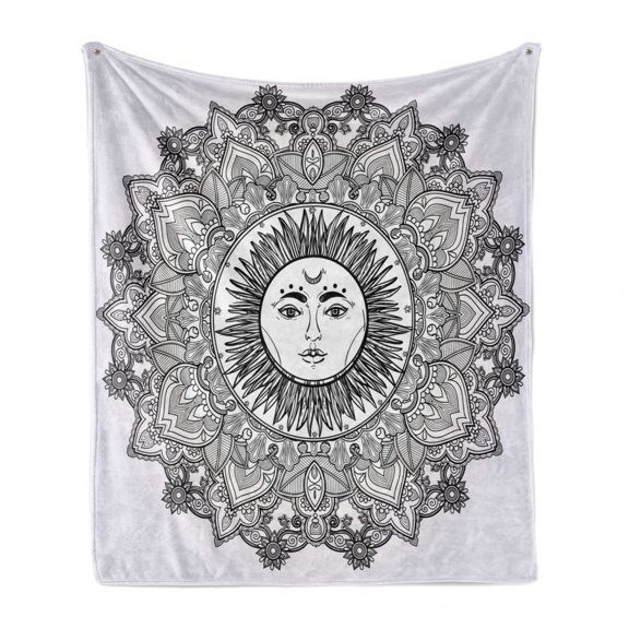 Mandala Soft Flannel Fleece Throw Blanket, Sun Illustration Yantra Mandala Floral Pattern Bohemian, Cozy Plush for Indoor and Outdoor Use, 50" x 70", White and Black, by Ambesonne