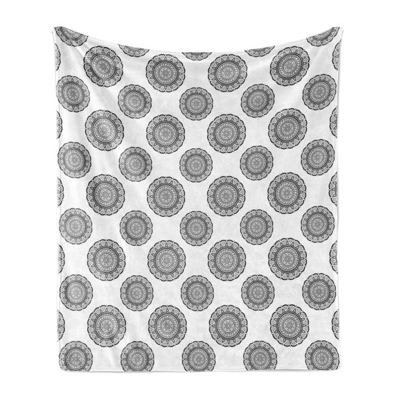 Mandala Soft Flannel Fleece Throw Blanket, Traditional Round Details on a Plain Background Layout, Cozy Plush for Indoor and Outdoor Use, 50" x 60", Grey and White, by Ambesonne