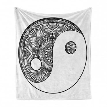 Mandala Soft Flannel Fleece Throw Blanket, Traditional Style Ying Yang with Highly Detailed Mandala Drawings, Cozy Plush for Indoor and Outdoor Use, 50" x 70", Black and White, by Ambesonne
