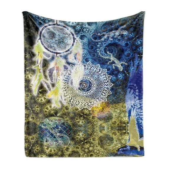 Mandala Soft Flannel Fleece Throw Blanket, Mandala Tribal Art with Lizards and Dreamcatcher Eagle Style Art, Cozy Plush for Indoor and Outdoor Use, 50" x 70", Blue Yellow, by Ambesonne
