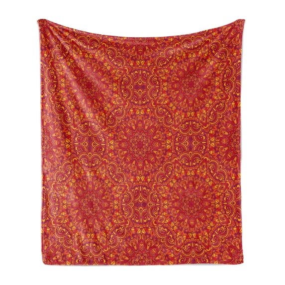 Mandala Soft Flannel Fleece Throw Blanket, Tribal Motifs Details Floral Wisdom Eastern Oriental Illustration, Cozy Plush for Indoor and Outdoor Use, 50" x 70", Vermilion Apricot Maroon, by Ambesonne