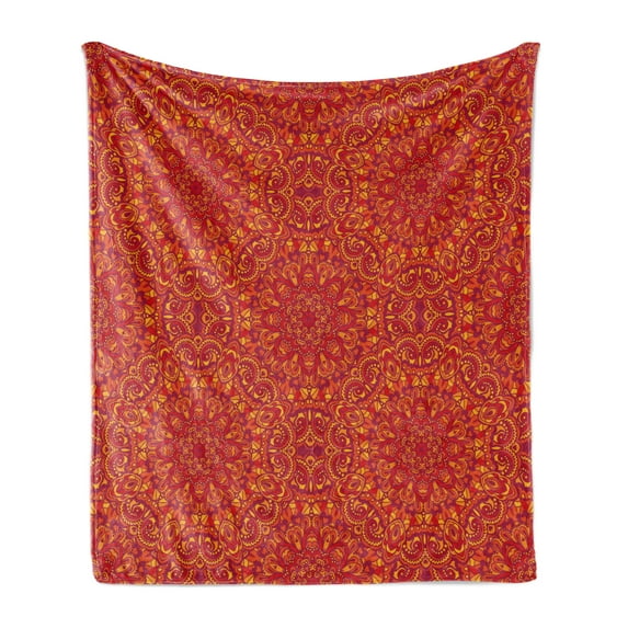 Mandala Soft Flannel Fleece Throw Blanket, Tribal Motifs Details Floral Wisdom Eastern Oriental Illustration, Cozy Plush for Indoor and Outdoor Use, 70" x 90", Vermilion Apricot Maroon, by Ambesonne