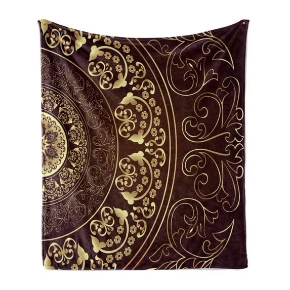Mandala Soft Flannel Fleece Throw Blanket, Vintage Cosmos Pattern Swirled Floral Leaves Artwork, Cozy Plush for Indoor and Outdoor Use, 50" x 70", Burgundy Yellow, by Ambesonne
