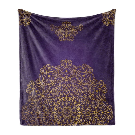 Mandala Soft Flannel Fleece Throw Blanket, Vintage Ornament Eastern Ottoman Motifs Revival Swirling Design, Cozy Plush for Indoor and Outdoor Use, 60" x 80", Purple Yellow, by Ambesonne