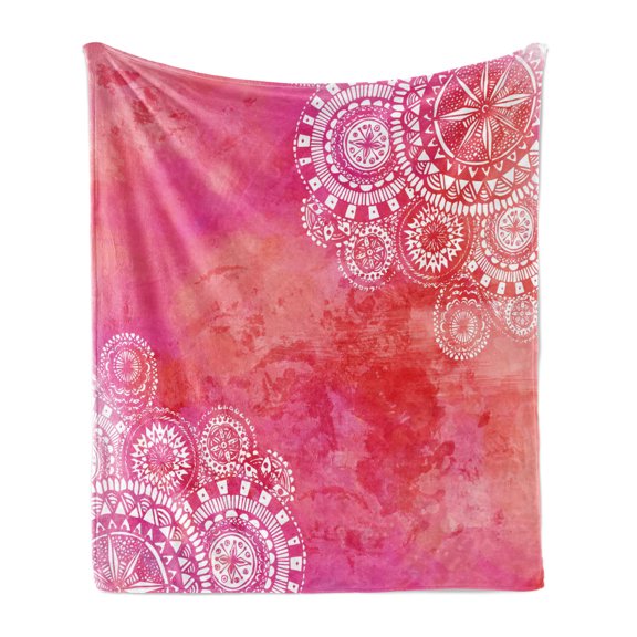 Mandala Soft Flannel Fleece Throw Blanket, Watercolor Paint Background Plain Hand Drawn Doodles Motifs Print, Cozy Plush for Indoor and Outdoor Use, 50" x 70", Pink Coral White, by Ambesonne