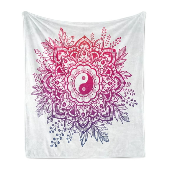 Mandala Soft Flannel Fleece Throw Blanket, Yin and Yang Lotus Mystic Themed Chinese Crown of Leaves Motif, Cozy Plush for Indoor and Outdoor Use, 50" x 60", Violet Magenta Pink, by Ambesonne