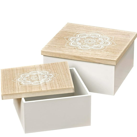 Mandala Square Boxes, Set of 2, Stenciled Floral Details, Natural and White, Lift Off Lids, Wood, 1 Ft and Smaller, 9 1/2 and 7 1/2 Inches, Gift, Table or Display