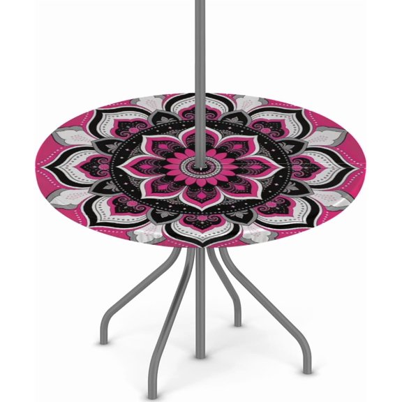 Mandala Stillness Round Outdoor Tablecloth with Umbrella Hole, Round Fitted Table Cloth with Elastic Zippered Table Covers 36-44in Waterproof Umbrella Tablecloths Circle Elastic Table Cover