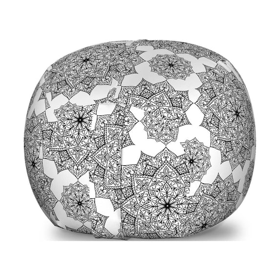 Mandala Storage Toy Bag Chair, Abstract Monochrome Floral Pattern Inspirations Ornamental Orient Elements, Stuffed Animal Organizer Washable Bag, Large Size, Black White, by Ambesonne