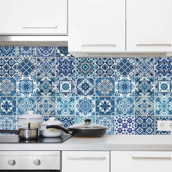 Mandala Style 24 Pcs 6x6 in Decorative Tile Stickers Peel and Stick Self Adhesive Removable Moroccan Talavera Tiles Backsplash Waterproof Kitchen Bathroom Staircase Home Decor -e-