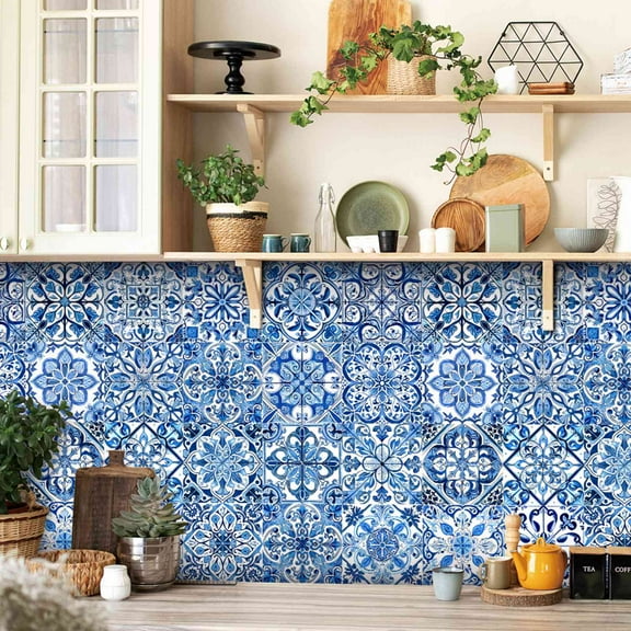 Mandala Style 24 Pcs (6x6 in) Decorative Tile Stickers, Peel and Stick Self Adhesive Removable Moroccan Talavera Tiles Backsplash Waterproof Kitchen Bathroom Furniture Staircase Home Decor
