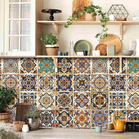 Mandala Style 24 Pcs (6x6 in) Decorative Tile Stickers, Peel and Stick Self Adhesive Removable Moroccan Talavera Tiles Backsplash Waterproof Kitchen Bathroom Furniture Staircase Home Decor
