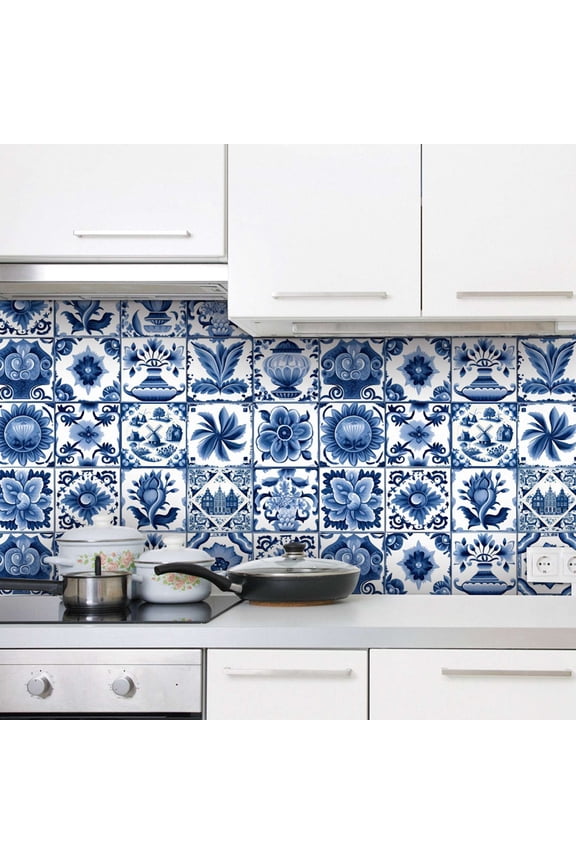 Mandala Style 24 Pcs (6x6 in) Decorative Tile Stickers, Peel and Stick Self Adhesive Removable Moroccan Talavera Tiles Backsplash Waterproof Kitchen Bathroom Furniture Staircase Home Decor