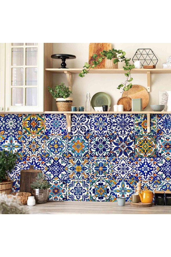 Mandala Style 24 Pcs (6x6 in) Decorative Tile Stickers, Peel and Stick Self Adhesive Removable Moroccan Talavera Tiles Backsplash Waterproof Kitchen Bathroom Furniture Staircase Home Decor