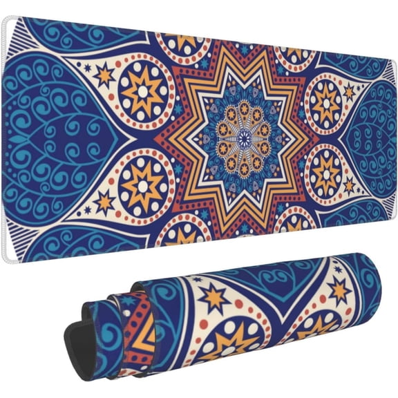 Mandala Style Large Mouse Pad for Desk XL Gaming Mouse Pad 31.5x11.8in Extended Desk Mat Non-Slip Base Desk Pad with Stitched Edge Computer Keyboard Mouse Mat Gaming Mousepad for Home Office