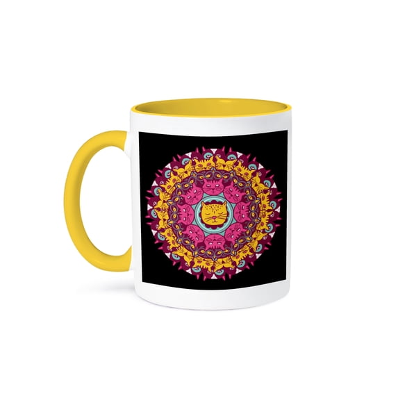3dRose, Mandala Style with Many Cats Cat Kitten , 15oz Two-Tone Yellow Mug