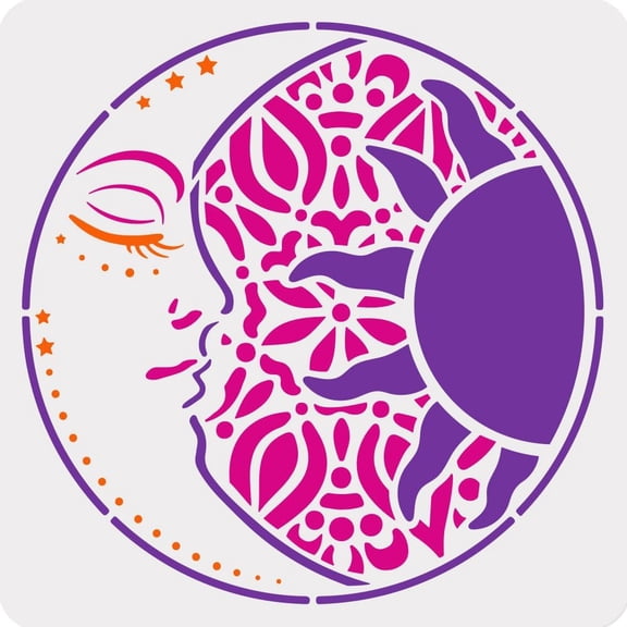 Mandala Sun and Moon Wall Stencil Template 11.8 x 11.8 Inch Reusable Plastic Art Stencil for Painting on Wood Wall Floor Tile Fabric Glass Furniture DIY Home Decor Or Craft Stencil