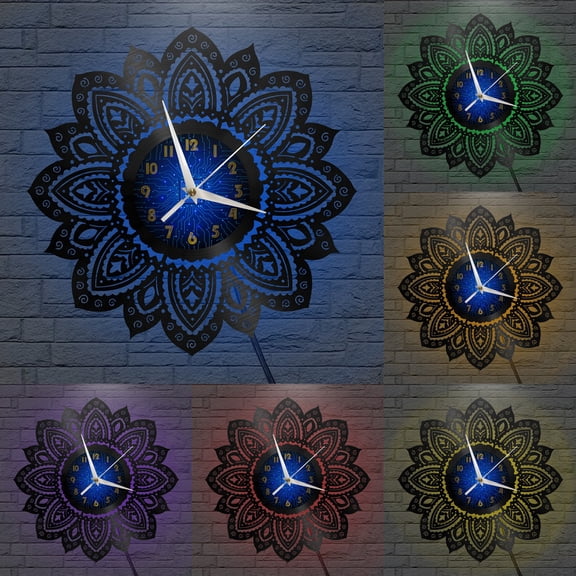 Mandala Sunflower Art Vinyl Record Wall Clock for Kitchen Wall Decor Wall Art Gift for Lover Gift Idea for a Best Friend(B,with LED)