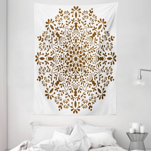Mandala Tapestry, Abstract Art Style Vector Illustration of Mandala Flower on White Background, Wall Hanging for Bedroom Living Room Dorm Decor, 60W X 80L Inches, Brown and White, by Ambesonne