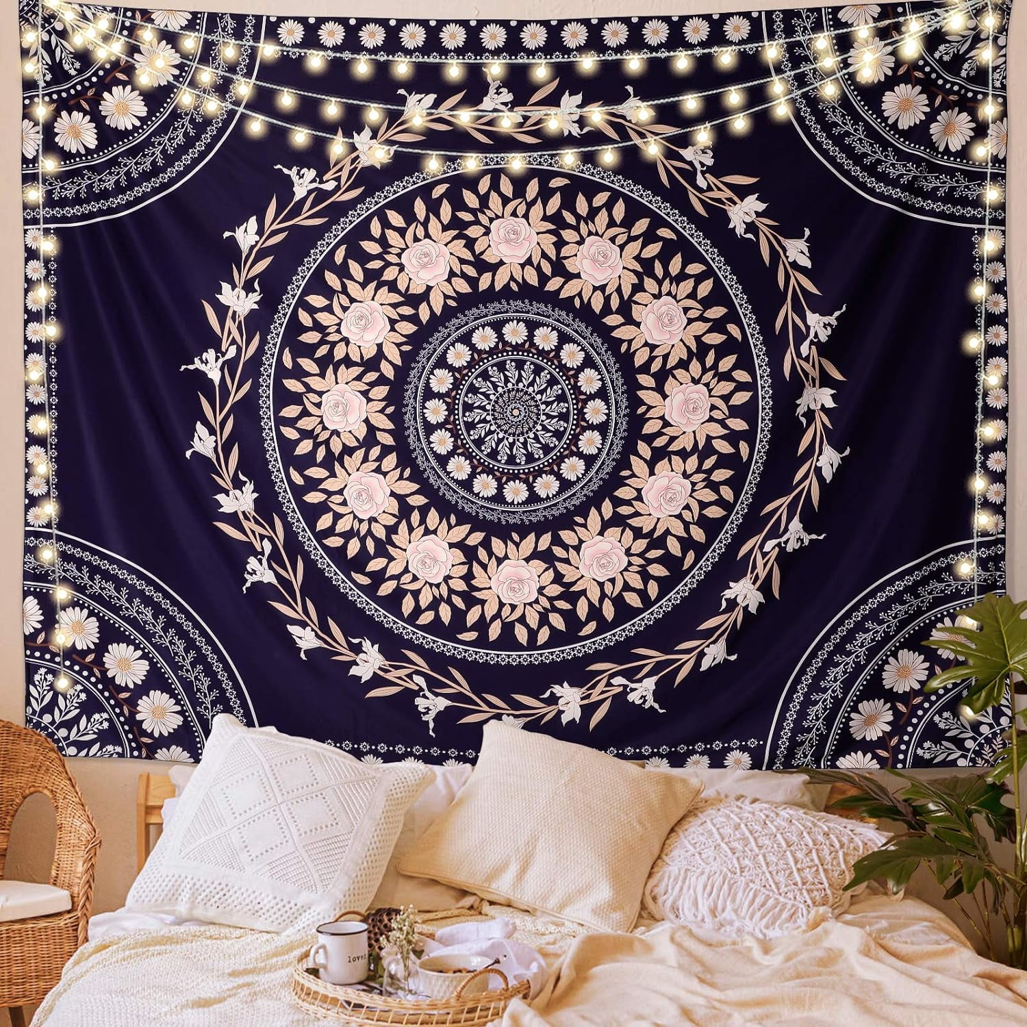 Mandala Tapestry Aesthetic Boho Tapestry Wall Hanging Pink Floral