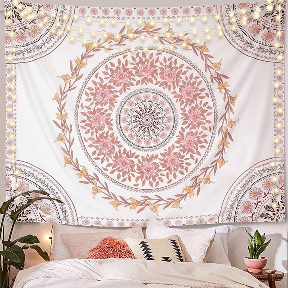 Mandala Tapestry Aesthetic,Boho Tapestry Wall Hanging,Pink Floral Medallion Tapestries,Bohemian Wall Art Hippie Decor for Bedroom Living Room Dorm