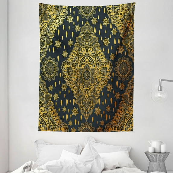 Mandala Tapestry, Bohemian Paisley Ornament Henna Tattoo Ethnic Tribal Vintage Design, Wall Hanging for Bedroom Living Room Dorm Decor, 60W X 80L Inches, Charcoal Grey Mustard, by Ambesonne