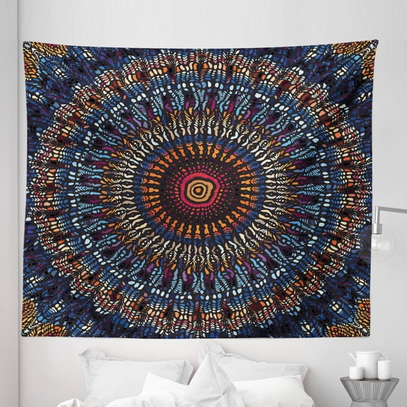 Mandala Tapestry, Colorful Abstract Round of Tribal Feels Ethnic Design Sun Motif with Center, Fabric Wall Hanging Decor for Bedroom Living Room Dorm, 5 Sizes, Night Blue Orange, by Ambesonne