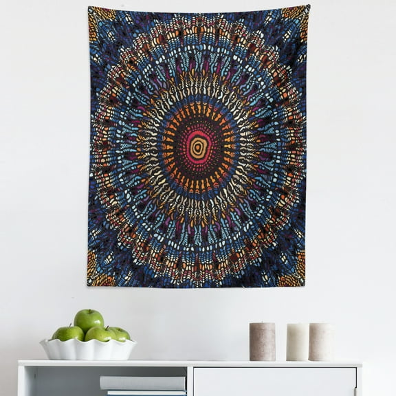 Mandala Tapestry, Colorful Abstract Round of Tribal Feels Ethnic Design Sun Motif with Center, Fabric Wall Hanging Decor for Bedroom Living Room Dorm, 5 Sizes, Night Blue Orange, by Ambesonne