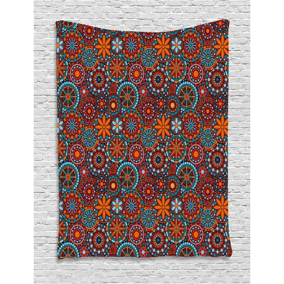 Mandala Tapestry, Ethnic Asian Indian Circular Floral Cosmos Symbolism Moroccan Design, Wall Hanging for Bedroom Living Room Dorm Decor, 60W X 80L Inches, Vermilion Ruby Sky Blue, by Ambesonne