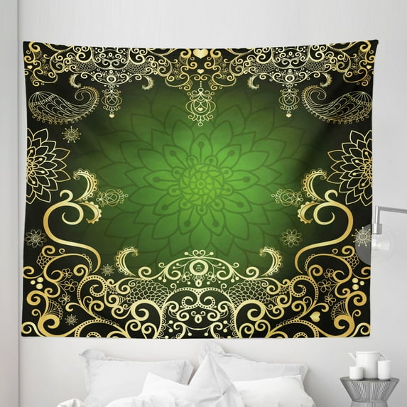 Mandala Tapestry, Frame Lotus Shade Floral Swirls Little Hearts and Dots, Fabric Wall Hanging Decor for Bedroom Living Room Dorm, 5 Sizes, Green Black Pale Yellow, by Ambesonne