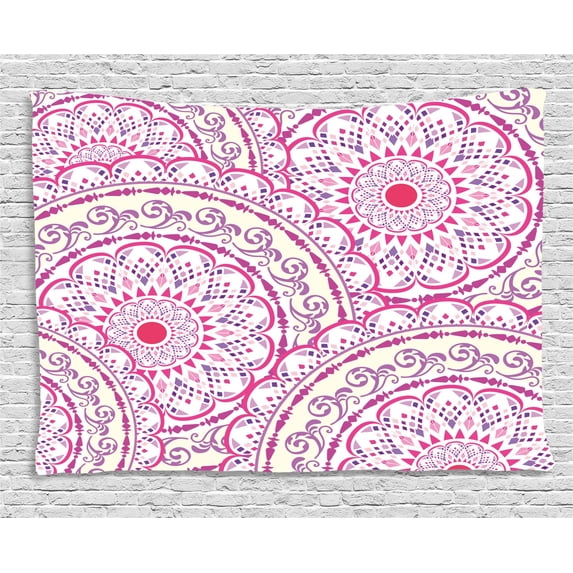 Mandala Tapestry, Indian Ethnic Design Floral Leaf like Circled Pattern Dots Print, Wall Hanging for Bedroom Living Room Dorm Decor, 80W X 60L Inches, White Hot Pink and Magenta, by Ambesonne