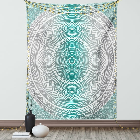 Mandala Tapestry, Mandala Ombre Design Sacred Space Geometric Center Point Boho Meditation Art, Wall Hanging for Bedroom Living Room Dorm Decor, 60W X 80L Inches, Grey and Teal, by Ambesonne