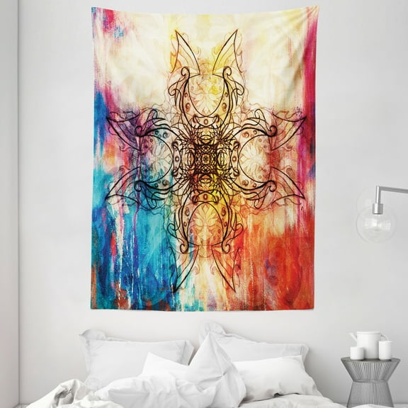 Mandala Tapestry, Ornate Original Mandala Sketch over Colorful Dirty Digital Collage Mystic Pattern, Wall Hanging for Bedroom Living Room Dorm Decor, 60W X 80L Inches, Multicolor, by Ambesonne