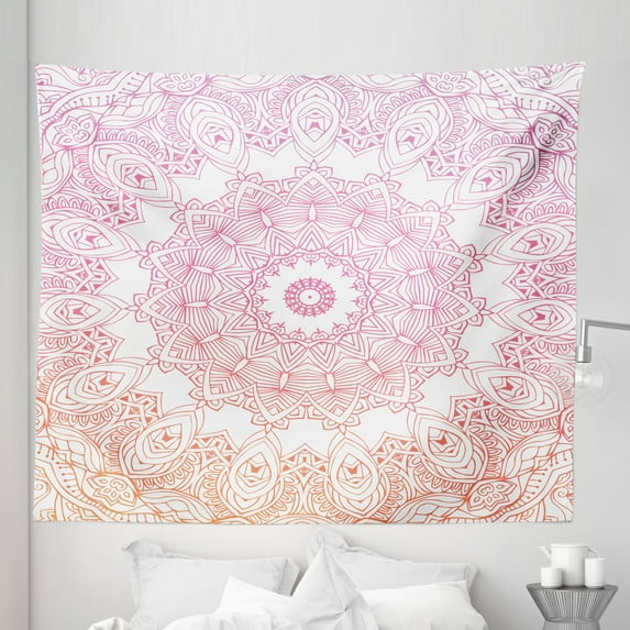 Mandala Tapestry, Outline Style Flower Themed Design with Ombre Effect Elements, Fabric Wall Hanging Decor for Bedroom Living Room Dorm, 5 Sizes, Orange Pink White, by Ambesonne