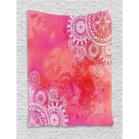 Mandala Tapestry, Pink Watercolor Paint Background with White Hand Drawn Doodles Indian Motifs, Wall Hanging for Bedroom Living Room Dorm Decor, 40W X 60L Inches, Pink Coral White, by Ambesonne