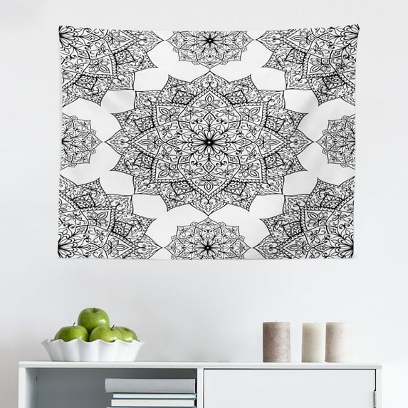 Mandala Tapestry, Ringed Floral Pattern with Ornate Tile and Lines Boho Circle Art Motif, Fabric Wall Hanging Decor for Bedroom Living Room Dorm, 2 Sizes, Black White, by Ambesonne