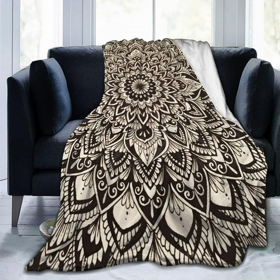 Mandala Throw Blanket Soft Cozy Fleece Blanket for Couch Bed Black and White Flannel Blanket for Men Women Adults Comfy Warm Blankets for Winter Decorative Lightweight Microfiber Blanket 50x60 Inches