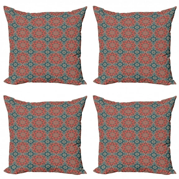 Ambesonne Mandala Throw Pillow Cover 4 Pack, Culture Flowers, 18", Dark Coral Slate Blue