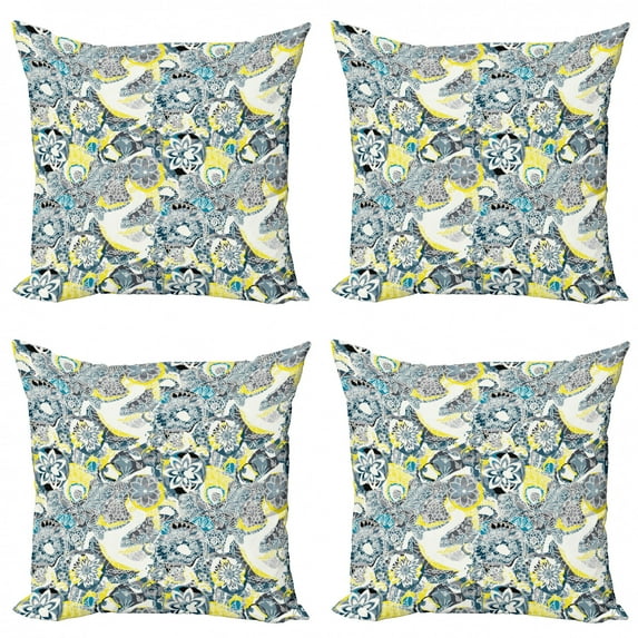 Ambesonne Floral Throw Pillow Cover 4 Pack, Mandala Vintage Style, 24", Yellow Blue