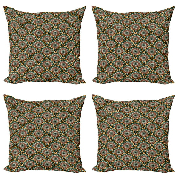 Ambesonne Mandala Throw Pillow Cover 4 Pack, Tribal Paisley Flowers, 18", Seafoam Marigold Red