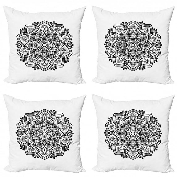 Ambesonne Mandala Throw Pillow Cover 4 Pack, Flora Damask Oriental Motif, 16", Charcoal Grey and White